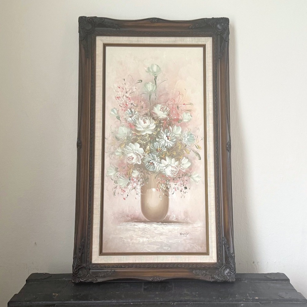 Vintage Emily Floral Oil Painting Impasto Ornate Framed Still Life Art